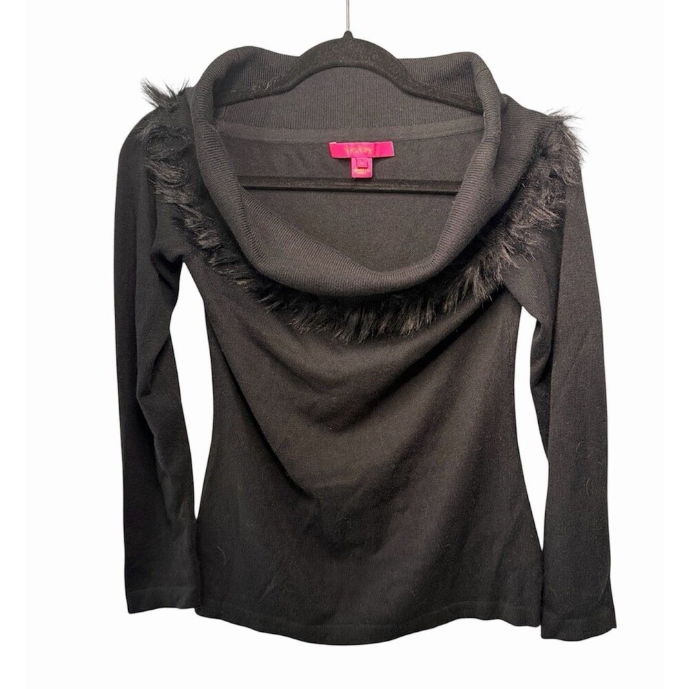 Lilly Pulitzer "Alira" Off-the-Shoulder Faux Fur Trim Sweater in Black Onyx S